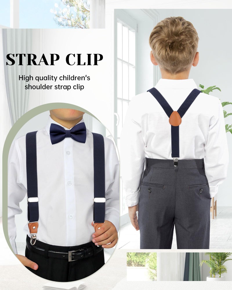 WELROG Child Boys Adjustable Silk Bowties & Suspender Sets Y Back Metal Clips Genuine Leather Suspenders (Navy blue + Navy blue bowtie) - Image 5